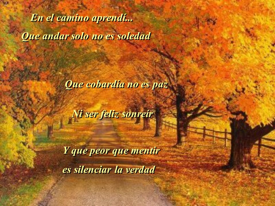 En el camino aprendí... Que andar solo no es soledad. Que cobardía no es paz. Ni ser feliz sonreír.