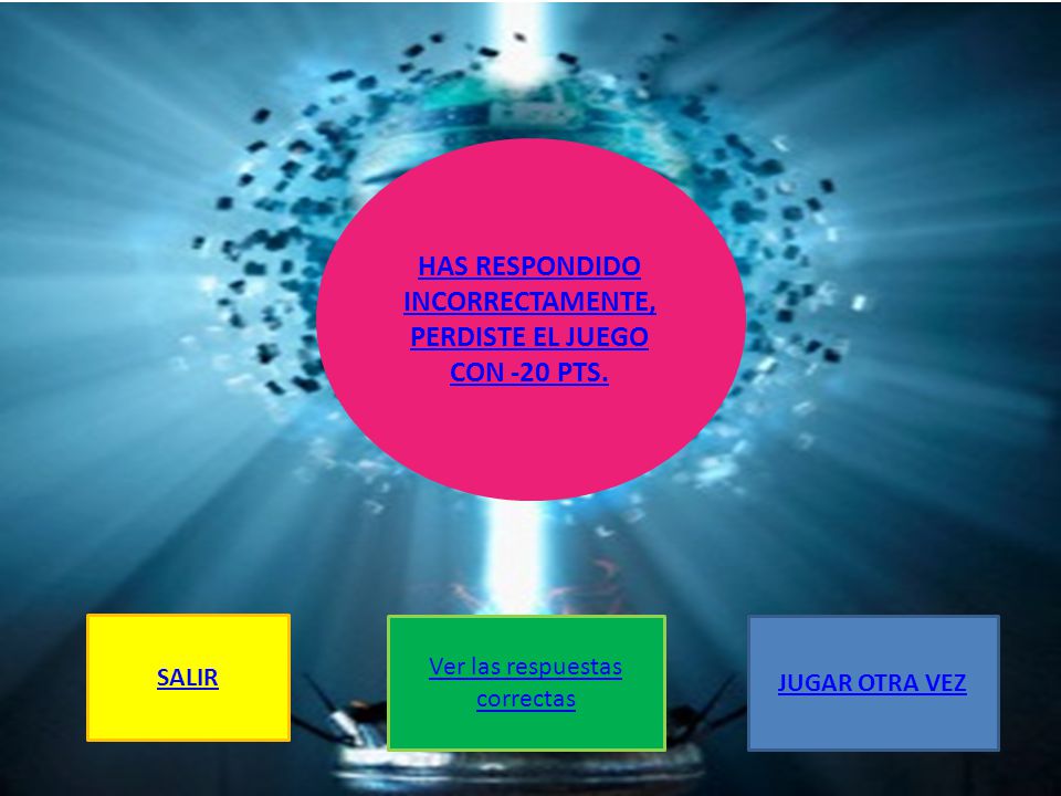 HAS RESPONDIDO INCORRECTAMENTE, PERDISTE EL JUEGO CON -20 PTS.