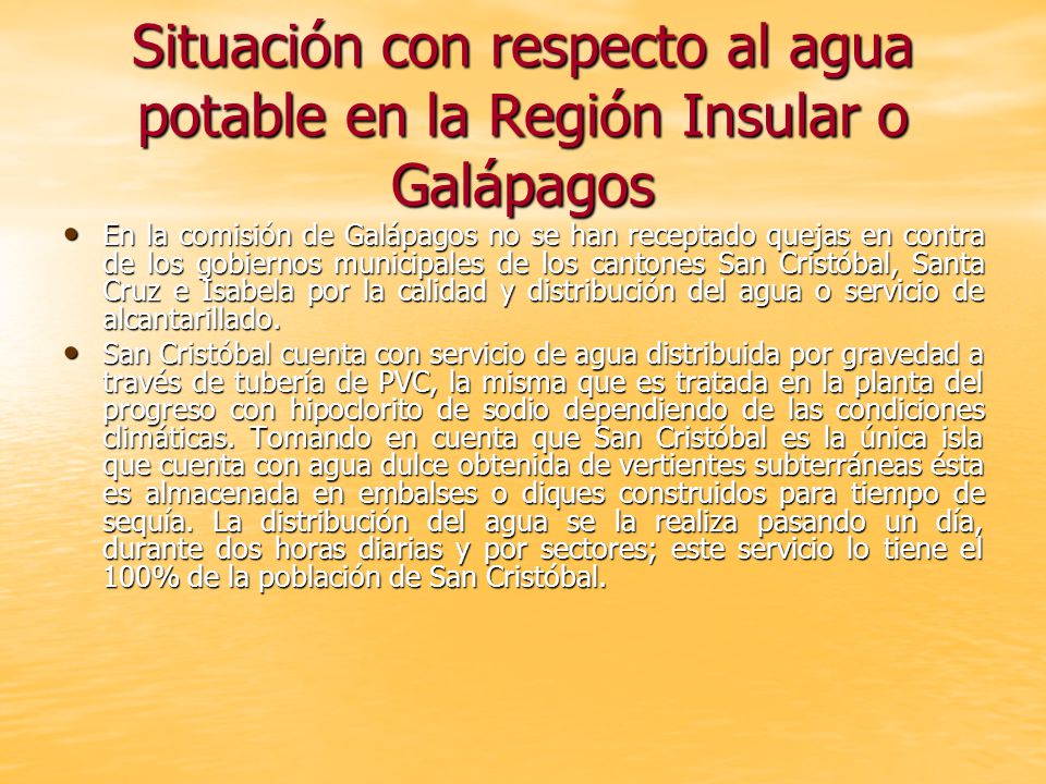 Situación con respecto al agua potable en la Región Insular o Galápagos