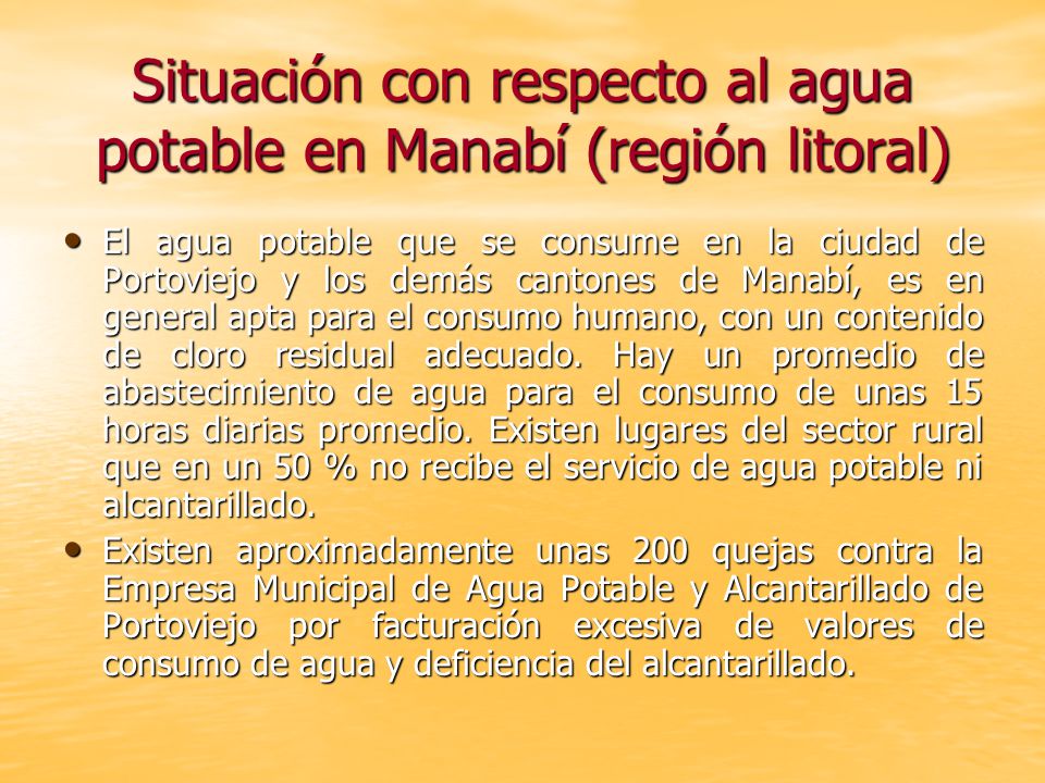 Situación con respecto al agua potable en Manabí (región litoral)