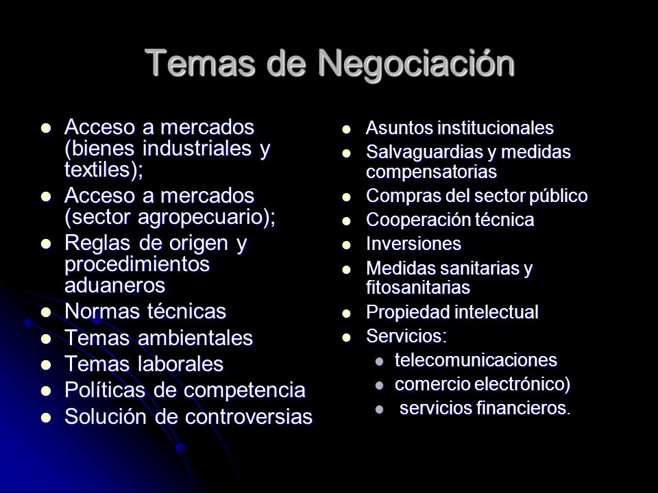 Temas de Negociación Acceso a mercados (bienes industriales y textiles); Acceso a mercados (sector agropecuario);