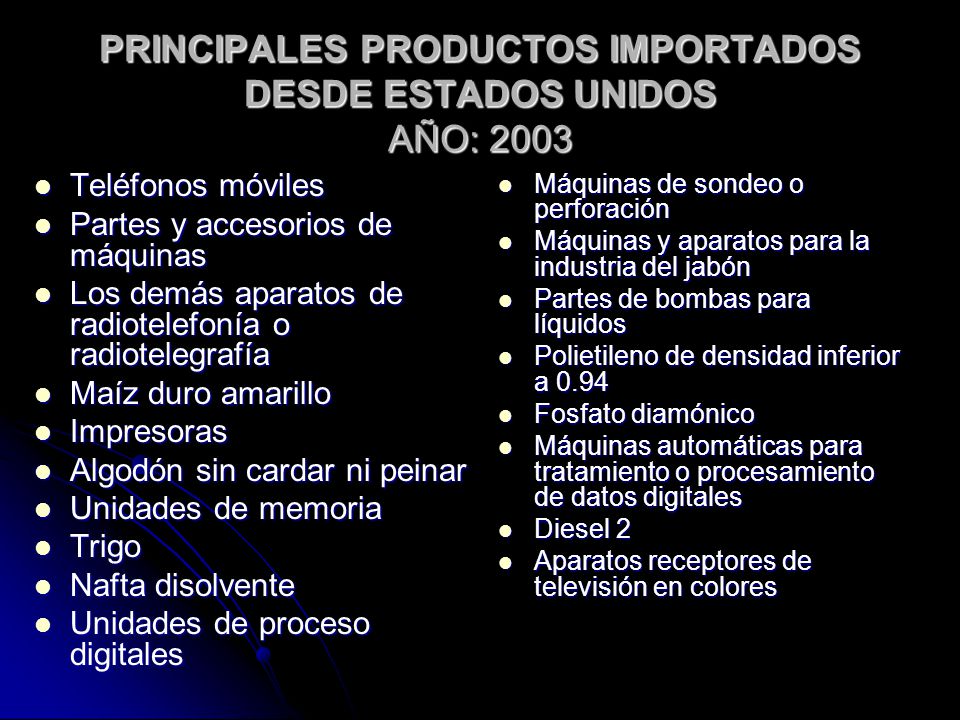 PRINCIPALES PRODUCTOS IMPORTADOS DESDE ESTADOS UNIDOS AÑO: 2003