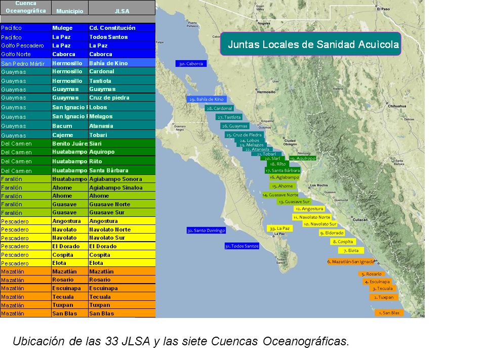 Ubicación de las 33 JLSA y las siete Cuencas Oceanográficas.