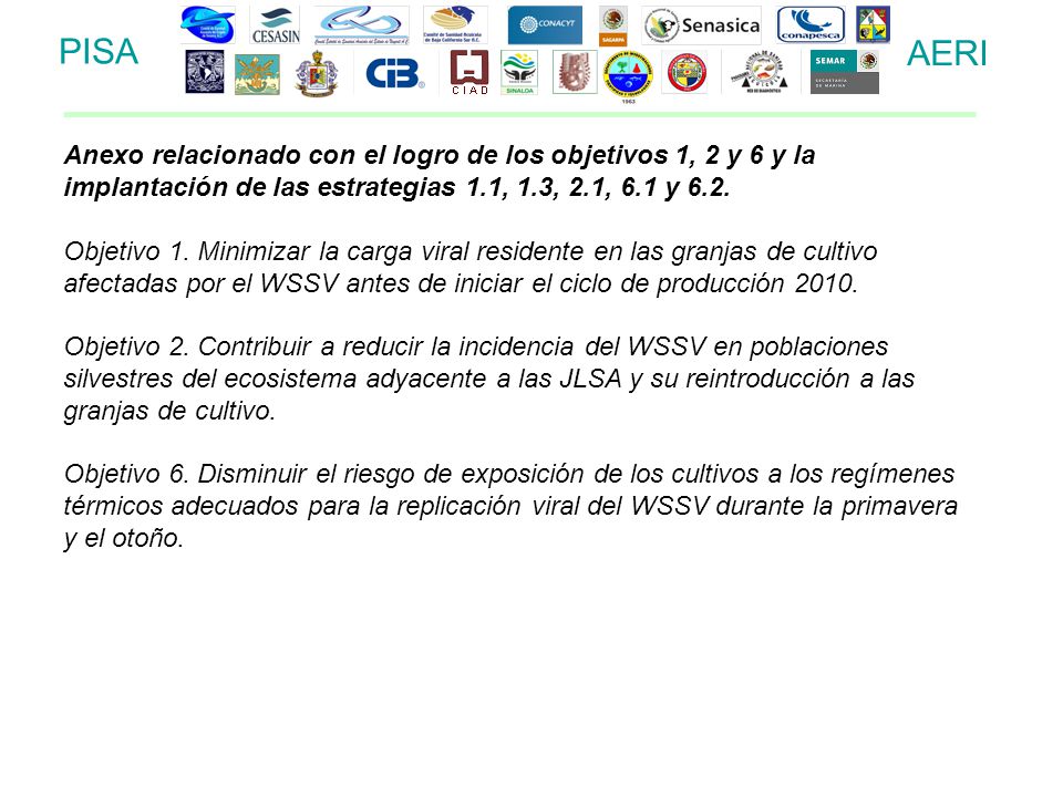 PISA AERI. Anexo relacionado con el logro de los objetivos 1, 2 y 6 y la implantación de las estrategias 1.1, 1.3, 2.1, 6.1 y 6.2.