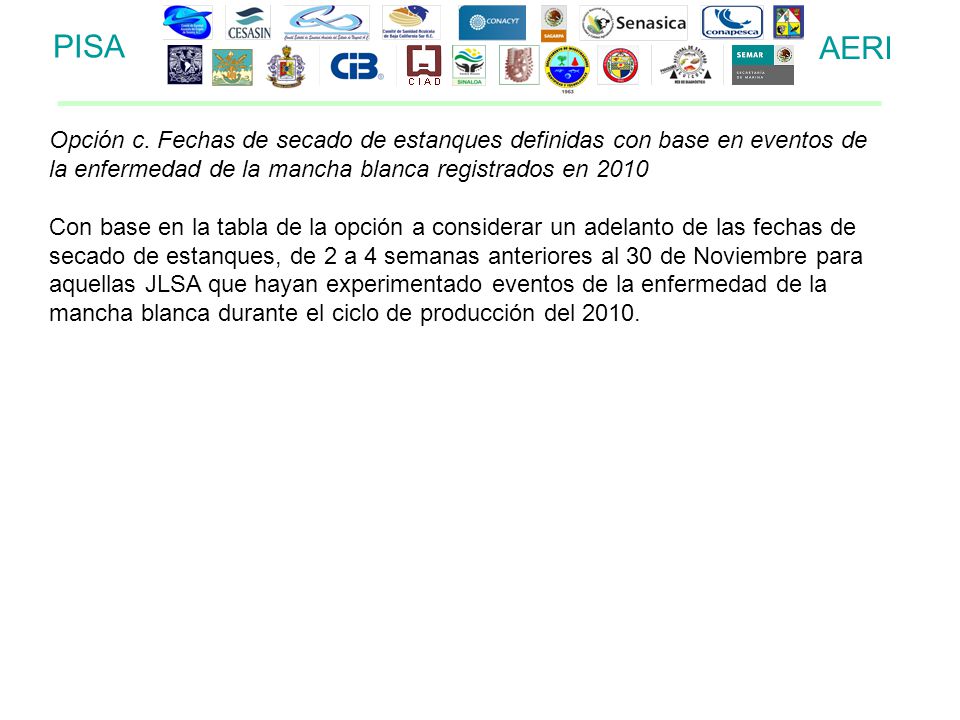 PISA AERI. Opción c. Fechas de secado de estanques definidas con base en eventos de la enfermedad de la mancha blanca registrados en