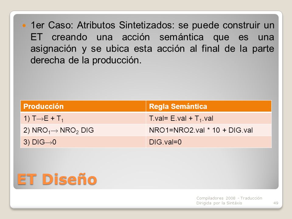 1er Caso: Atributos Sintetizados: se puede construir un ET creando una acción semántica que es una asignación y se ubica esta acción al final de la parte derecha de la producción.