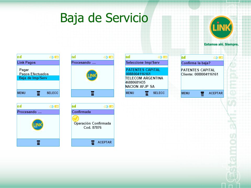 Baja de Servicio Pagar Pagos Efectuados MENU SELECC Link Pagos