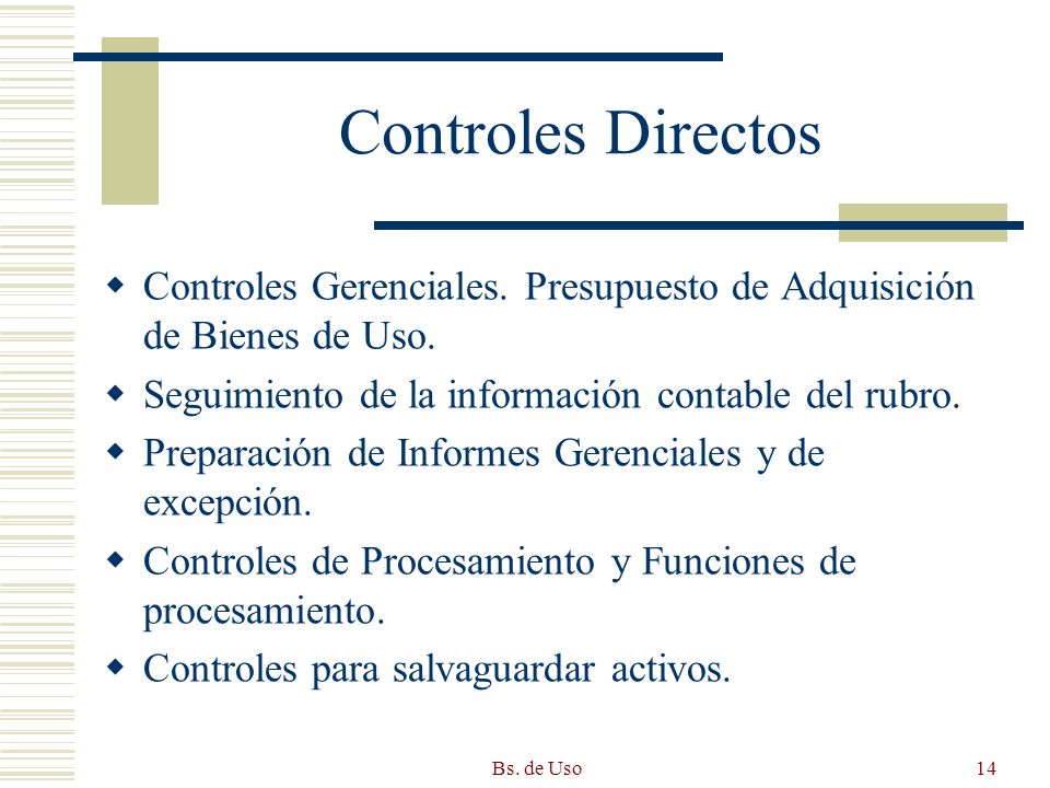 Controles Directos Controles Gerenciales. Presupuesto de Adquisición de Bienes de Uso. Seguimiento de la información contable del rubro.