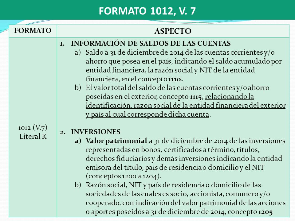 FORMATO 1012, V. 7 ASPECTO INFORMACIÓN DE SALDOS DE LAS CUENTAS