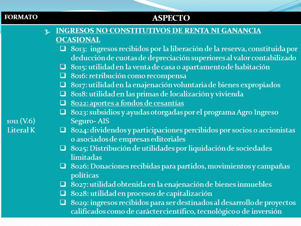FORMATO ASPECTO (V.6) Literal K. INGRESOS NO CONSTITUTIVOS DE RENTA NI GANANCIA OCASIONAL.