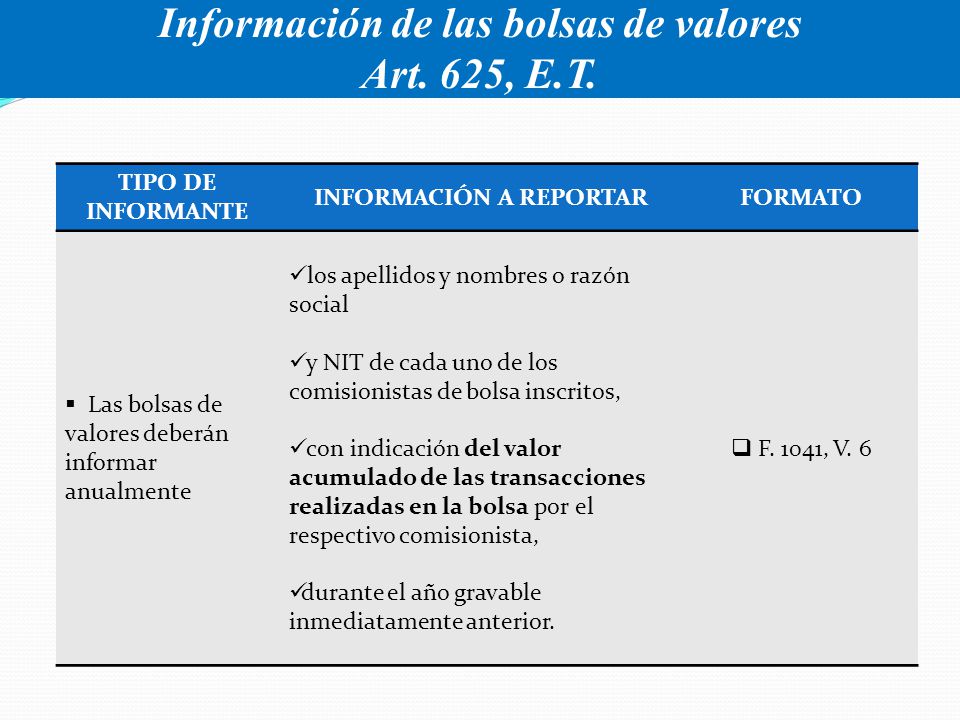 Información de las bolsas de valores Art. 625, E.T.