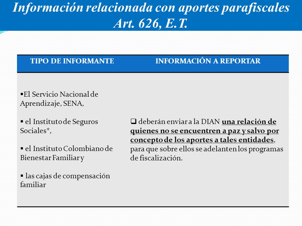 Información relacionada con aportes parafiscales Art. 626, E.T.