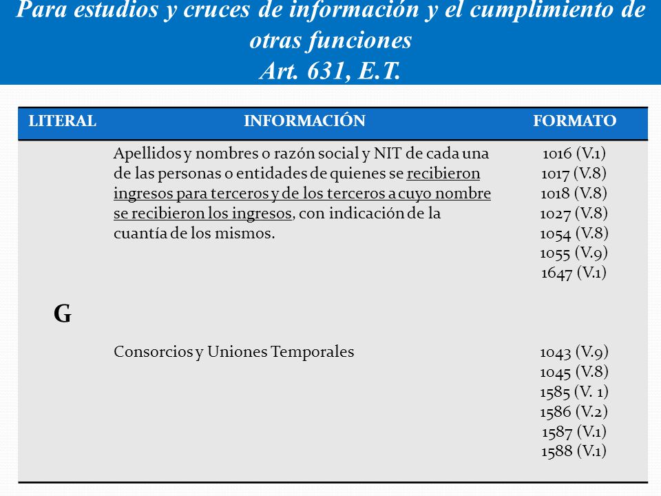 Para estudios y cruces de información y el cumplimiento de otras funciones Art. 631, E.T.