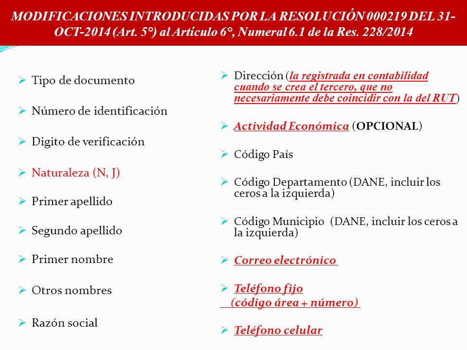 MODIFICACIONES INTRODUCIDAS POR LA RESOLUCIÓN DEL 31-OCT-2014 (Art. 5°) al Artículo 6°, Numeral 6.1 de la Res. 228/2014