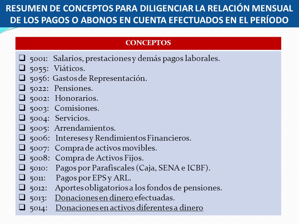 RESUMEN DE CONCEPTOS PARA DILIGENCIAR LA RELACIÓN MENSUAL DE LOS PAGOS O ABONOS EN CUENTA EFECTUADOS EN EL PERÍODO