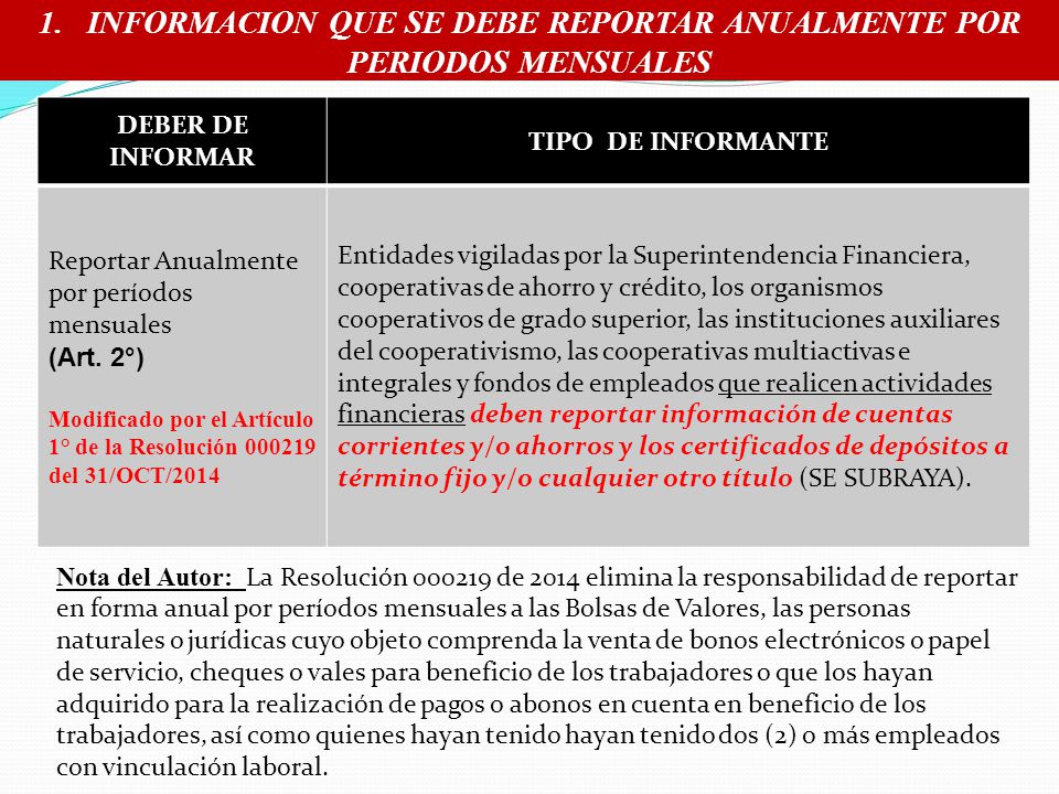 1. INFORMACION QUE SE DEBE REPORTAR ANUALMENTE POR PERIODOS MENSUALES