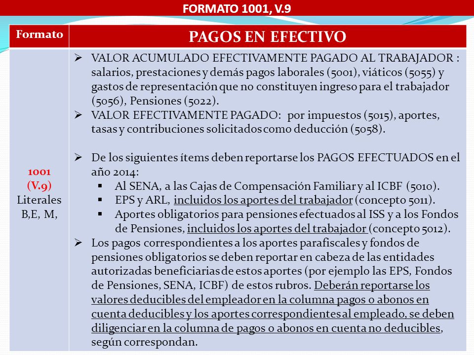 PAGOS EN EFECTIVO FORMATO 1001, V (V.9) Formato Literales