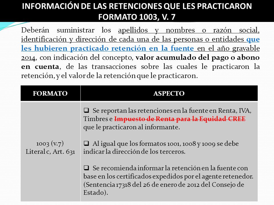 INFORMACIÓN DE LAS RETENCIONES QUE LES PRACTICARON FORMATO 1003, V. 7