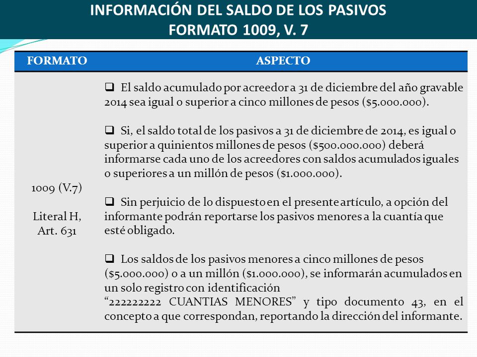 INFORMACIÓN DEL SALDO DE LOS PASIVOS FORMATO 1009, V. 7