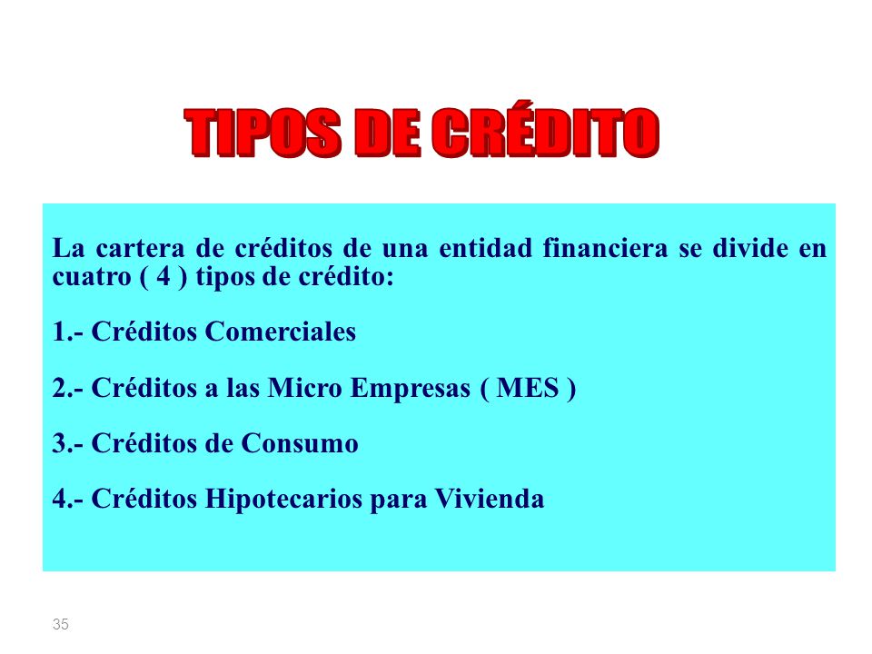 TIPOS DE CRÉDITO La cartera de créditos de una entidad financiera se divide en cuatro ( 4 ) tipos de crédito: