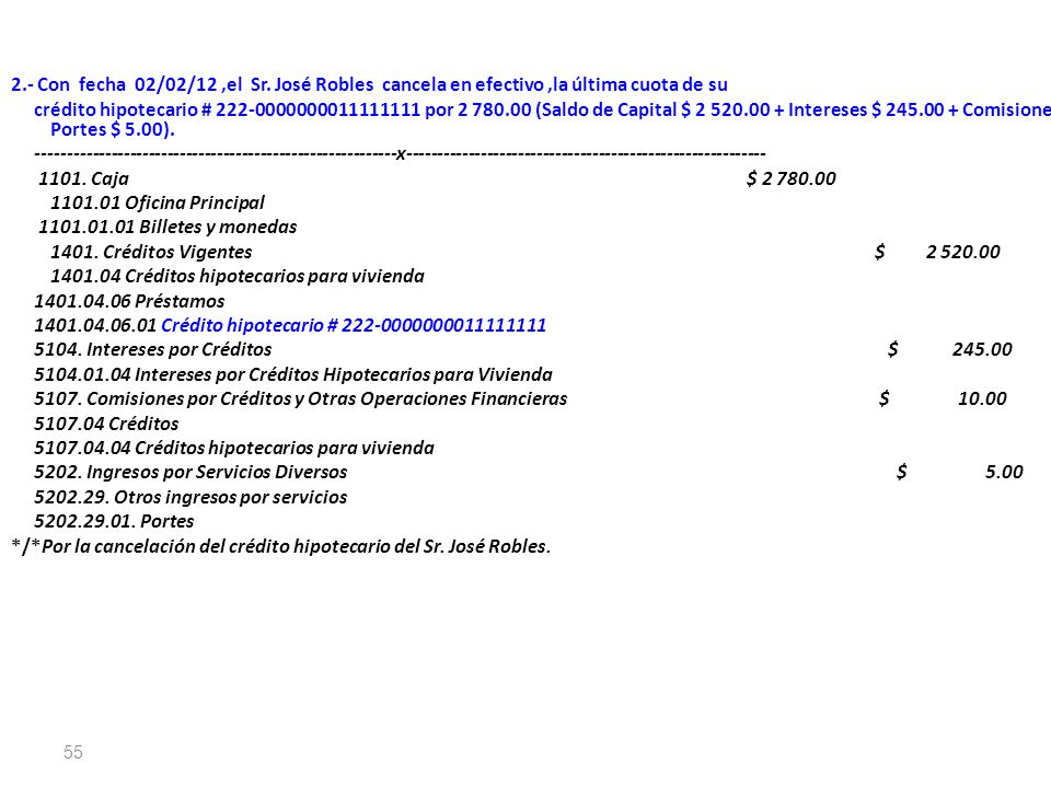 2.- Con fecha 02/02/12 ,el Sr. José Robles cancela en efectivo ,la última cuota de su