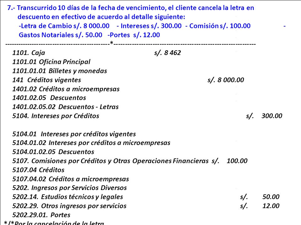7.- Transcurrido 10 días de la fecha de vencimiento, el cliente cancela la letra en