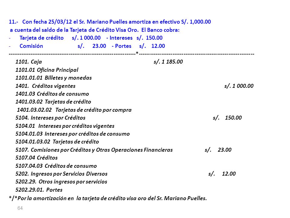 11.- Con fecha 25/03/12 el Sr. Mariano Puelles amortiza en efectivo S/. 1,000.00