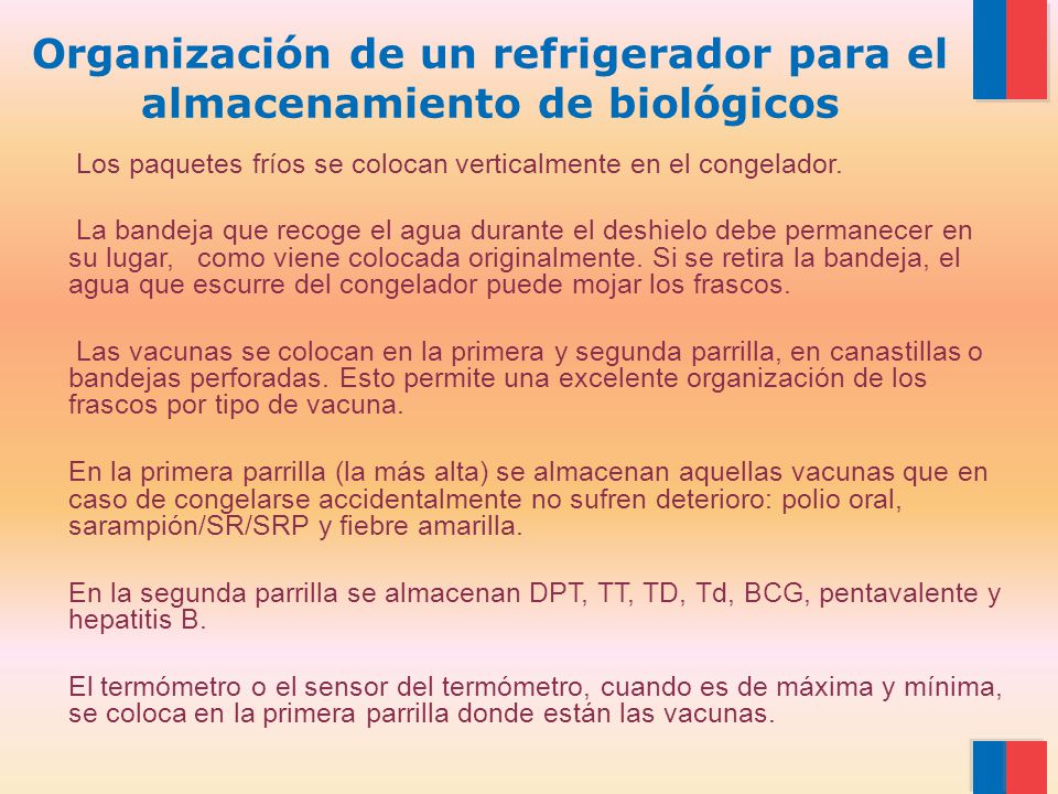 Organización de un refrigerador para el almacenamiento de biológicos