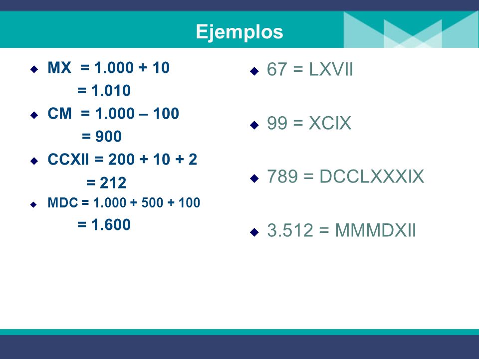 Ejemplos 67 = LXVII 99 = XCIX 789 = DCCLXXXIX = MMMDXII