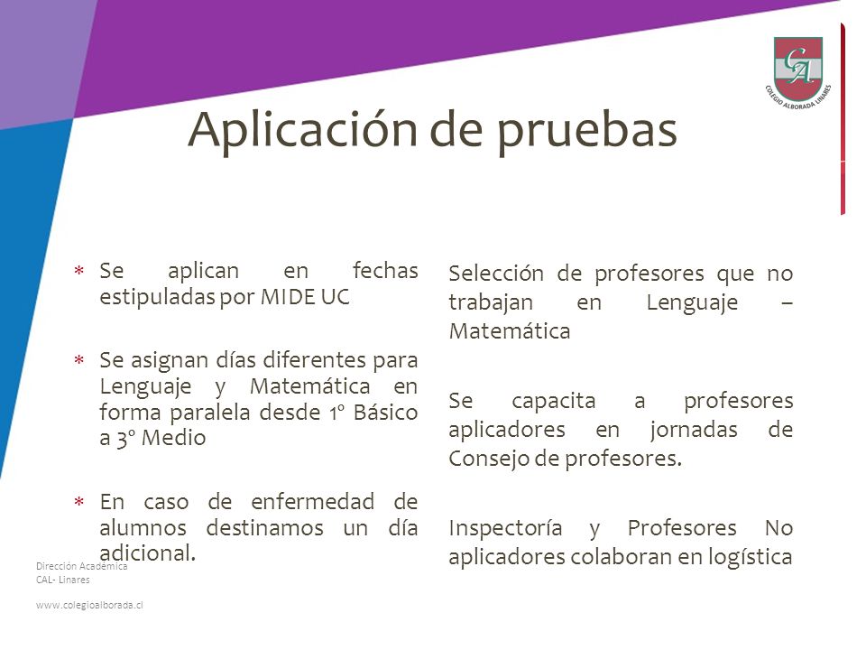Aplicación de pruebas Se aplican en fechas estipuladas por MIDE UC