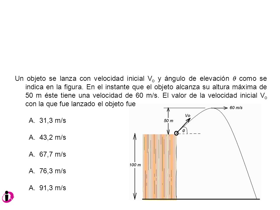 Un objeto se lanza con velocidad inicial Vo y ángulo de elevación  como se indica en la figura. En el instante que el objeto alcanza su altura máxima de 50 m éste tiene una velocidad de 60 m/s. El valor de la velocidad inicial Vo con la que fue lanzado el objeto fue