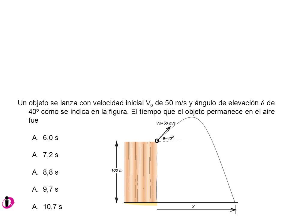Un objeto se lanza con velocidad inicial Vo de 50 m/s y ángulo de elevación  de 40º como se indica en la figura. El tiempo que el objeto permanece en el aire fue