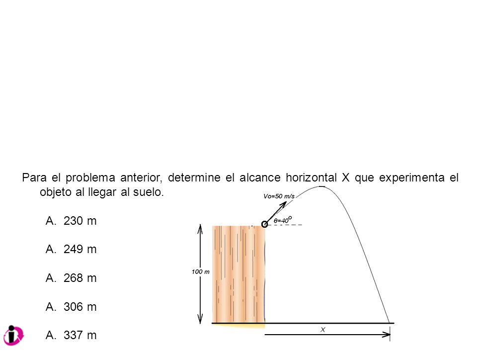 Para el problema anterior, determine el alcance horizontal X que experimenta el objeto al llegar al suelo.