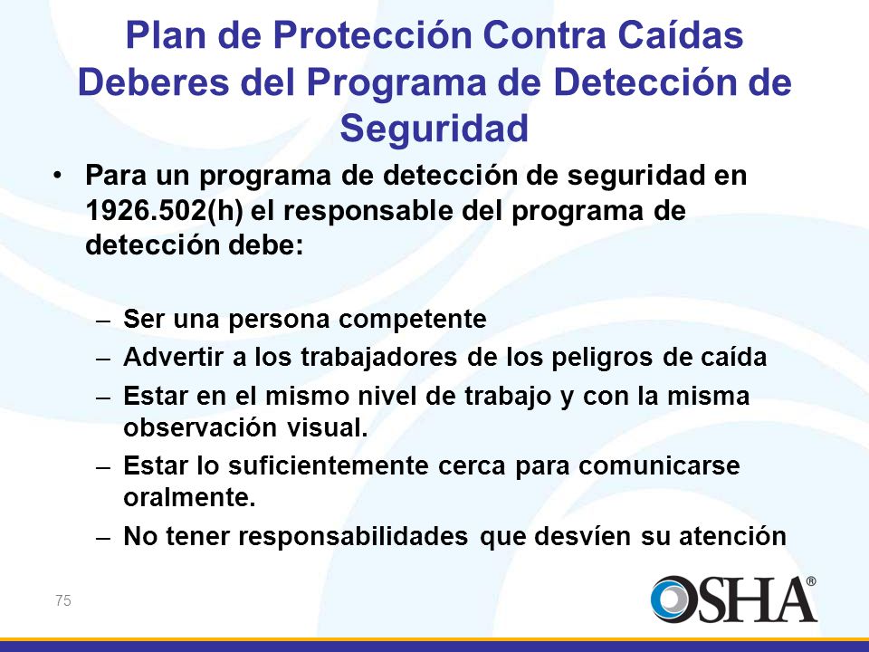 Plan de Protección Contra Caídas Deberes del Programa de Detección de Seguridad