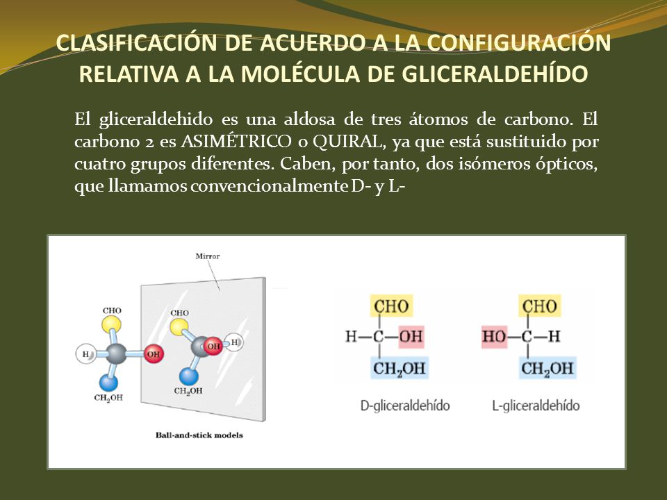 CLASIFICACIÓN DE ACUERDO A LA CONFIGURACIÓN RELATIVA A LA MOLÉCULA DE GLICERALDEHÍDO