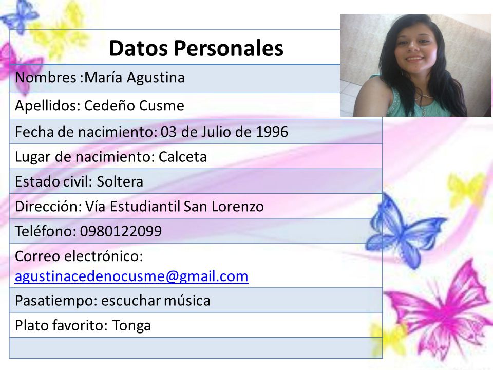Datos Personales Nombres :María Agustina Apellidos: Cedeño Cusme