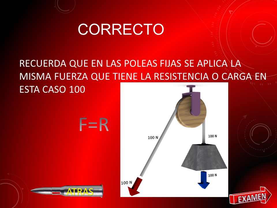 CORRECTO RECUERDA QUE EN LAS POLEAS FIJAS SE APLICA LA MISMA FUERZA QUE TIENE LA RESISTENCIA O CARGA EN ESTA CASO 100.