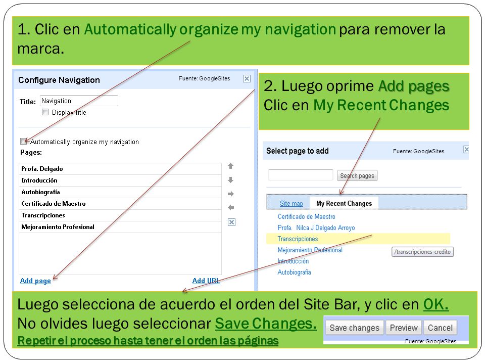1. Clic en Automatically organize my navigation para remover la marca.