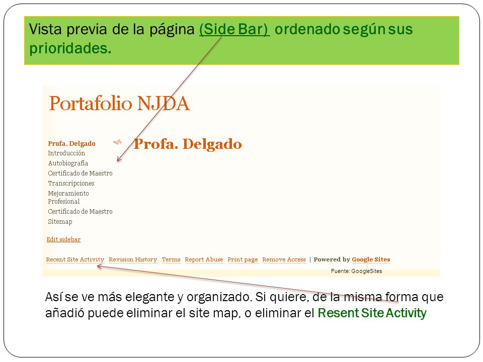 Vista previa de la página (Side Bar) ordenado según sus prioridades.