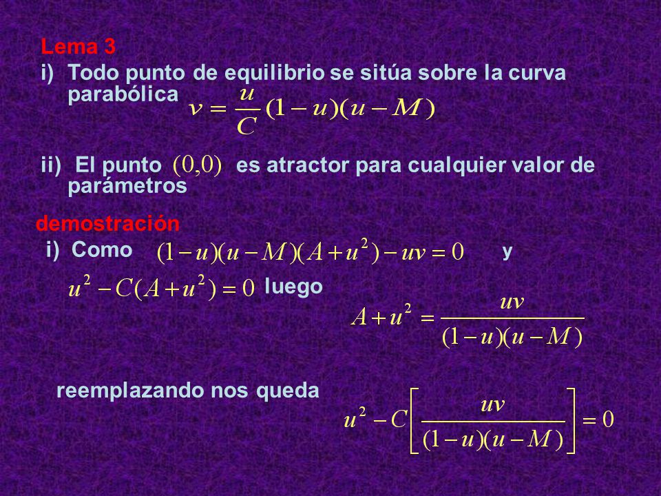 Lema 3 Todo punto de equilibrio se sitúa sobre la curva parabólica. ii) El punto es atractor para cualquier valor de parámetros.