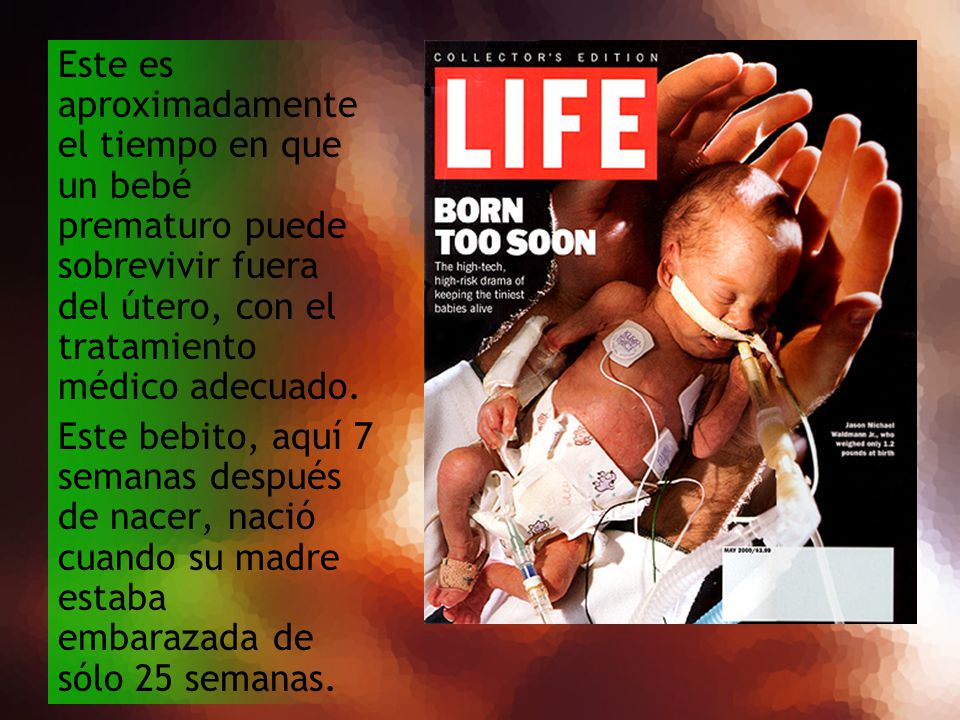 Este es aproximadamente el tiempo en que un bebé prematuro puede sobrevivir fuera del útero, con el tratamiento médico adecuado.