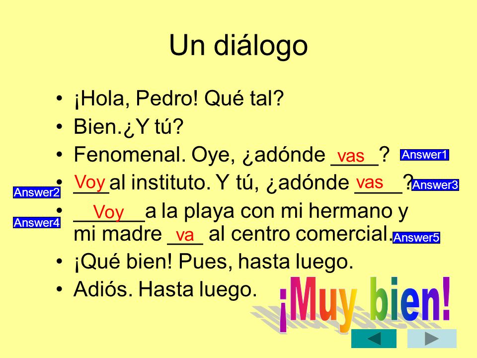 Un diálogo ¡Muy bien! ¡Hola, Pedro! Qué tal Bien.¿Y tú