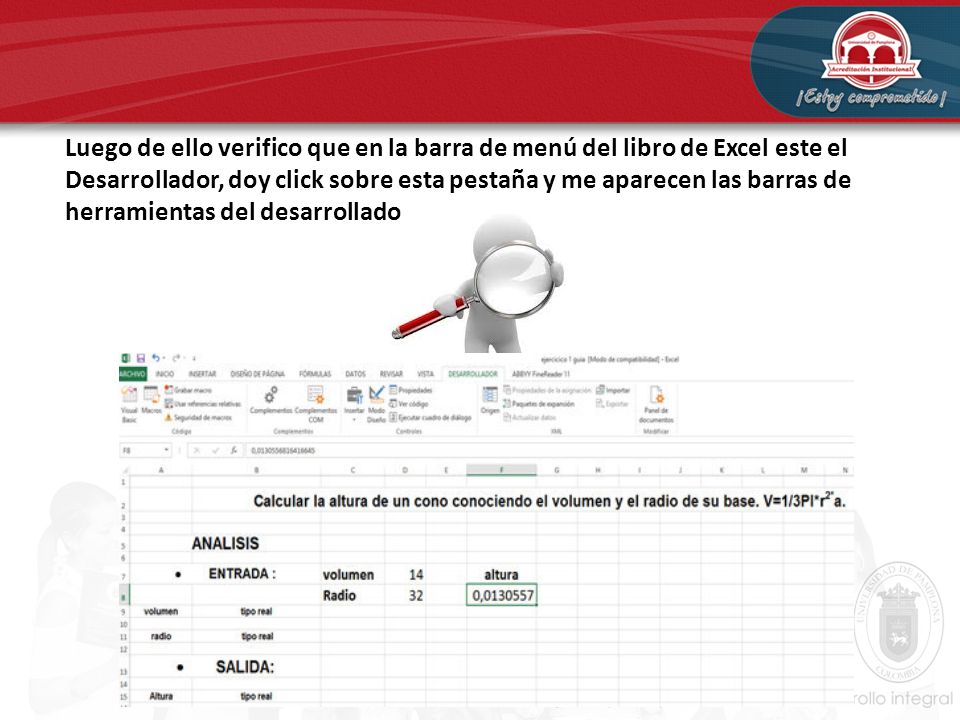 Luego de ello verifico que en la barra de menú del libro de Excel este el Desarrollador, doy click sobre esta pestaña y me aparecen las barras de herramientas del desarrollado