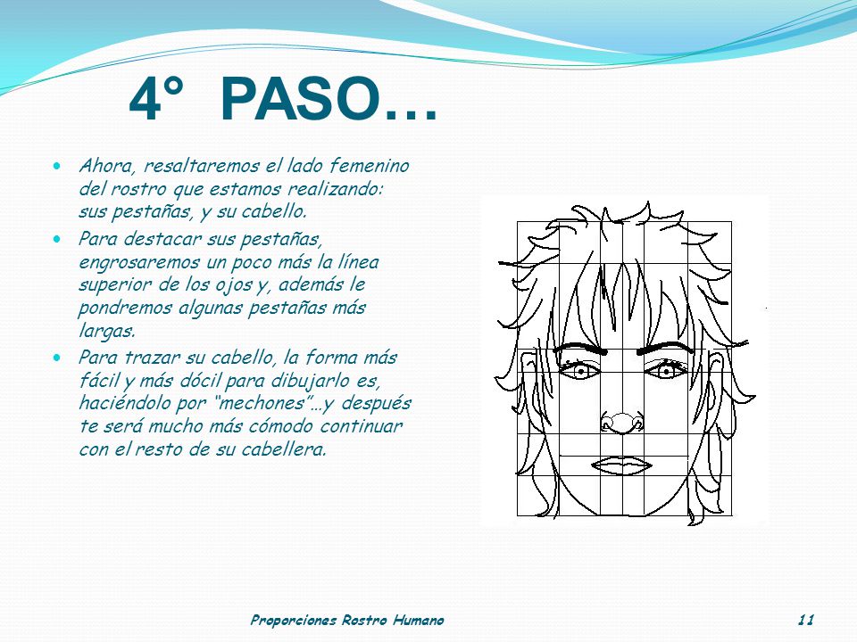 4° PASO… Ahora, resaltaremos el lado femenino del rostro que estamos realizando: sus pestañas, y su cabello.