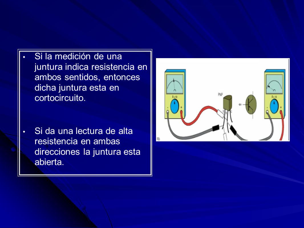 Si la medición de una juntura indica resistencia en ambos sentidos, entonces dicha juntura esta en cortocircuito.