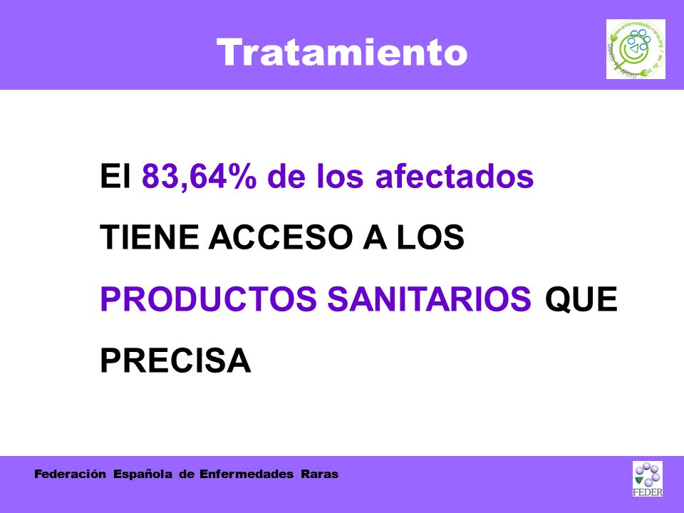 Tratamiento El 83,64% de los afectados TIENE ACCESO A LOS PRODUCTOS SANITARIOS QUE PRECISA. Federación Española de Enfermedades Raras.
