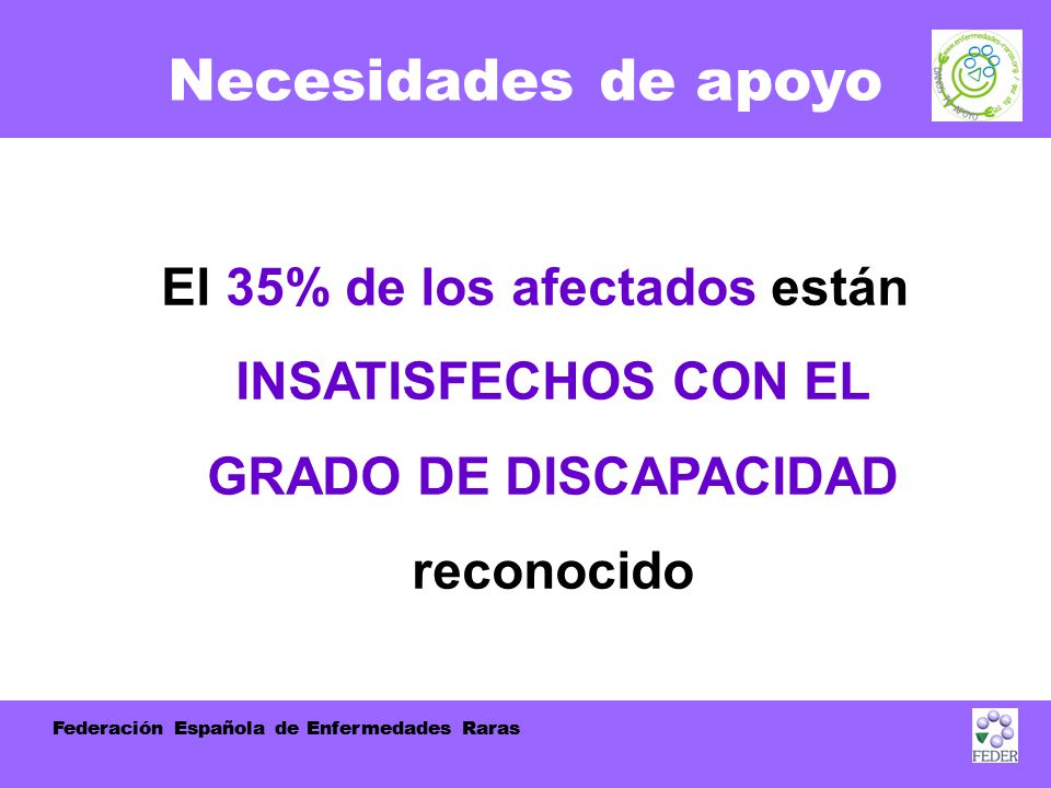 Necesidades de apoyo El 35% de los afectados están INSATISFECHOS CON EL GRADO DE DISCAPACIDAD reconocido.