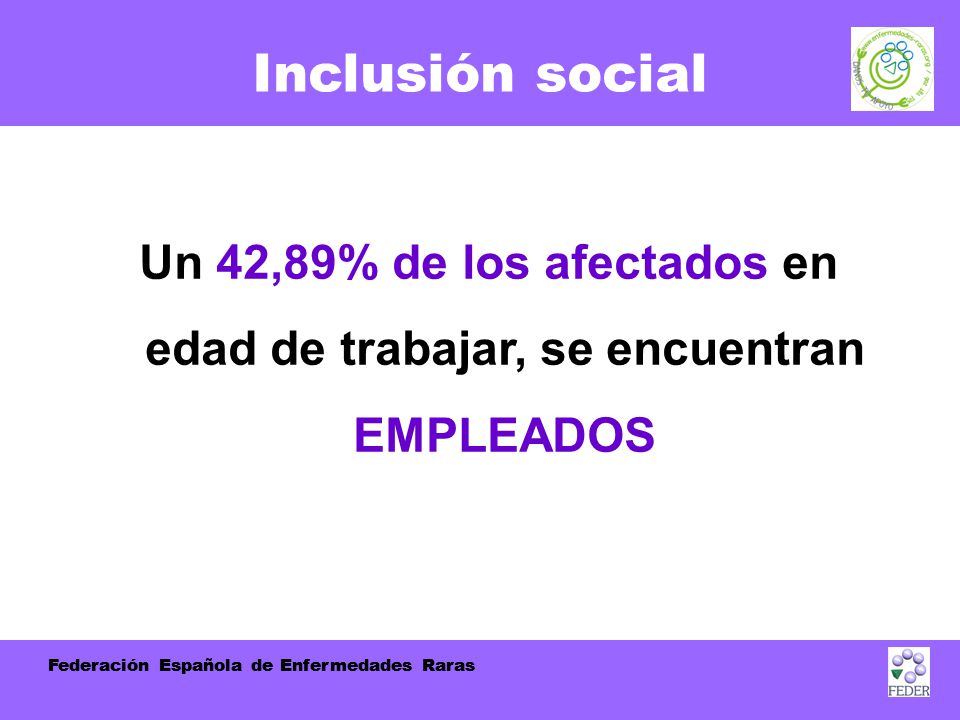 Inclusión social Un 42,89% de los afectados en edad de trabajar, se encuentran EMPLEADOS. Federación Española de Enfermedades Raras.