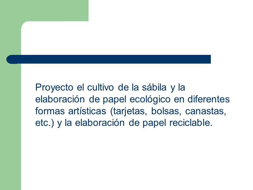 Proyecto el cultivo de la sábila y la elaboración de papel ecológico en diferentes formas artísticas (tarjetas, bolsas, canastas, etc.) y la elaboración de papel reciclable.