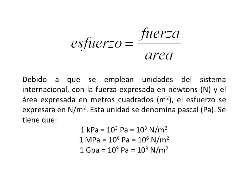 Debido a que se emplean unidades del sistema internacional, con la fuerza expresada en newtons (N) y el área expresada en metros cuadrados (m2), el esfuerzo se expresara en N/m2. Esta unidad se denomina pascal (Pa). Se tiene que: